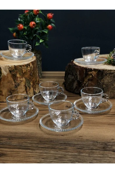 Girona 6'lı Kulplu Boncuk Detaylı Cam Çay & Nescafe Fincanı ürün görseli