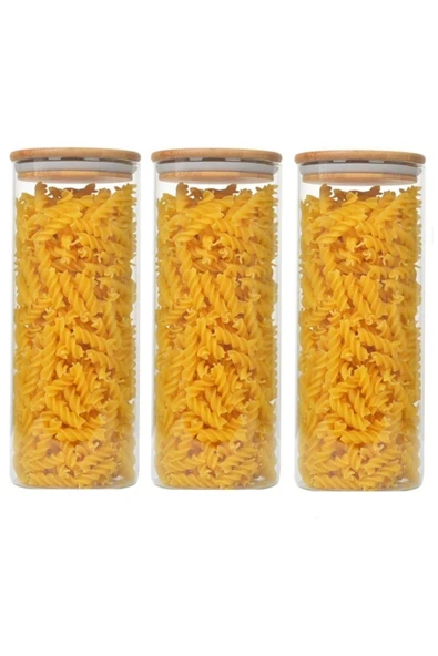 3 Lü Set 1400 ml Bambu Kapaklı Kavanoz Baharatlık Vakumlu Borcam Model - Krdln ürün görseli