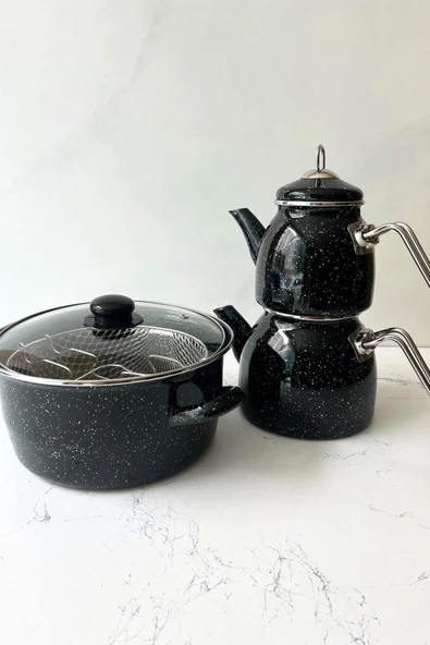 Midnight Dalmaçya - Emaye Çaydanlık Ve 18 Cm Kızartma Tenceresi Seti - 4