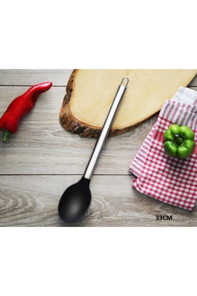 Paslanmaz Çelik Sap Silikon Uçlu Kaşık 33 Cm Büyük Boy - Resim 2