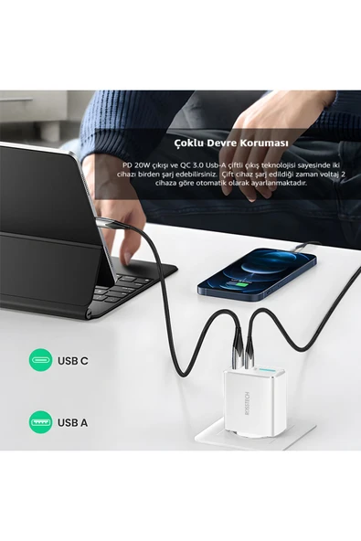 Ultra Hızlı Şarj Adaptörü Usb-C PD 20W + Usb-A Quick Charge 3.0 - 3