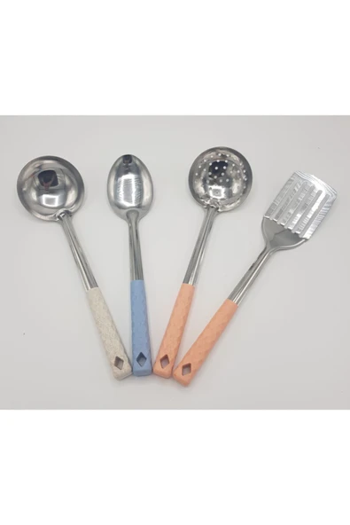 4'lü Çelik Kepçe Seti Kepçe Kevgir Kaşık Spatula 35cm Renkli Saplı ürün görseli