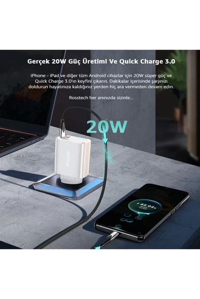 Ultra Hızlı Şarj Adaptörü Usb-C PD 20W + Usb-A Quick Charge 3.0 - 2
