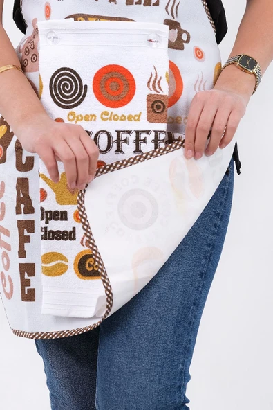 Silver Sıvı Geçirmez Mutfak Önlüğü Havlulu Mutfak Önlüğü Coffee Tıme - Resim 3