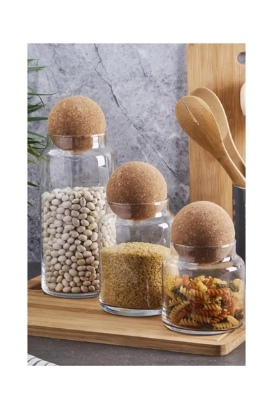 Perotti Sughero 3'lü Top Mantar Kapaklı Cam Kavanoz Ve Baharatlık Seti Tezgah Üstü Lux Cam Kavanoz