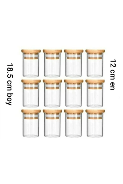 Bambu Vakumlu Kapaklı 1400 ml Yuvarlak Cam Kavanoz Erzak Saklama Kabı 12li