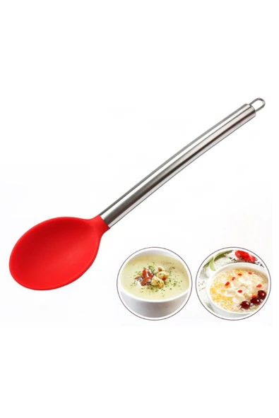 Silikon Kaşık Paslanmaz Saplı Servis Kaşığı Kırmızı 34 cm ürün görseli