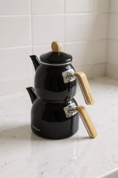 Sultan - Bambu Kulplu Emaye Çaydanlık Takımı Siyah ürün görseli