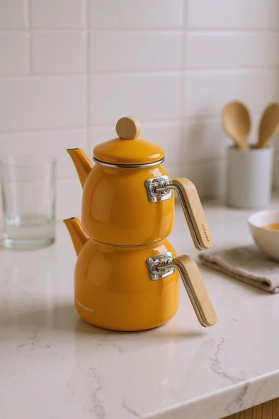 Sultan - Bambu Kulplu Emaye Çaydanlık Takımı Hardal - Resim 2