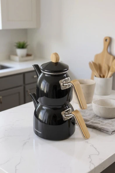 Sultan - Bambu Kulplu Emaye Çaydanlık Takımı Siyah - Resim 2