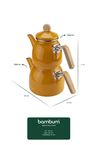 Sultan - Bambu Kulplu Emaye Çaydanlık Takımı Hardal - Resim 3