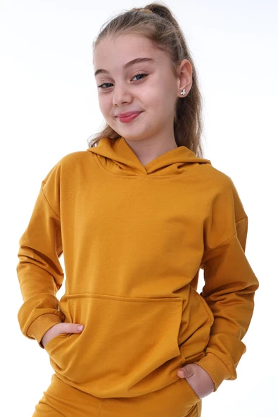 Basic Kapüşonlu Şardonlu Kanguru Cep Detaylı Çocuk Sweatshirt 3-10 Yaş Ekru - Resim 2