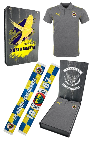 Fenerbahçe Orijinal Lisanslı 2024/25 A Takım Polo Yaka Gri T-Shirt + Şal Kaşkol Set Hediyelik Ahşap Kutulu - 1