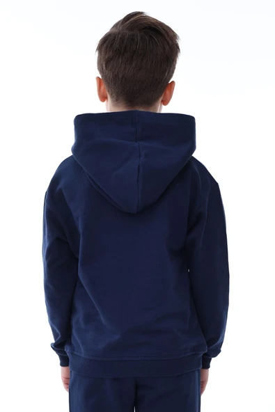 Basic Kapüşonlu Şardonlu Kanguru Cep Detaylı Çocuk Sweatshirt 3-10 Yaş Lacivert - 4