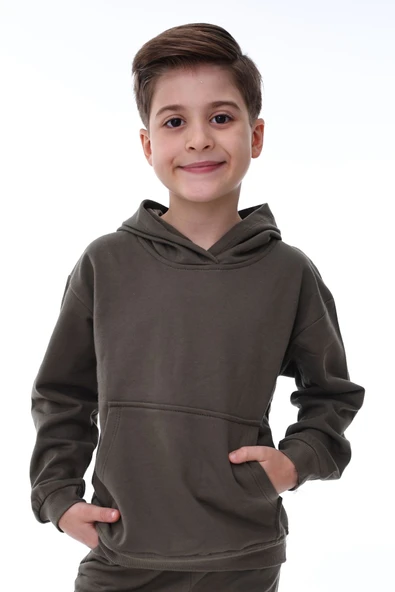 Basic Kapüşonlu Şardonlu Kanguru Cep Detaylı Çocuk Sweatshirt 3-10 Yaş Ekru - Resim 3