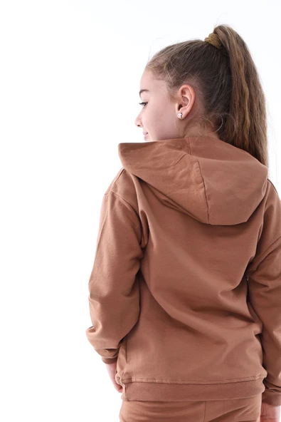 Basic Kapüşonlu Şardonlu Kanguru Cep Detaylı Çocuk Sweatshirt 3-10 Yaş Ekru - Resim 5