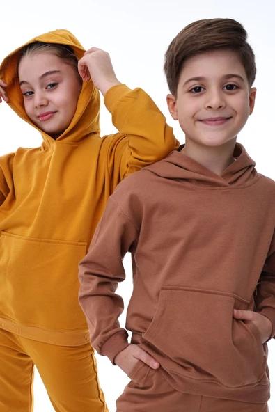 Basic Kapüşonlu Şardonlu Kanguru Cep Detaylı Çocuk Sweatshirt 3-10 Yaş Ekru - Resim 4