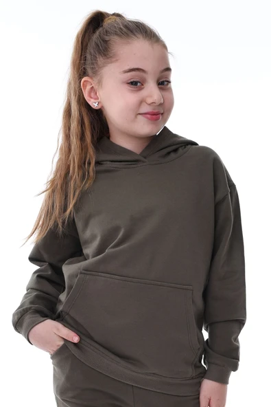 Basic Kapüşonlu Şardonlu Kanguru Cep Detaylı Çocuk Sweatshirt 3-10 Yaş Ekru - Resim 2