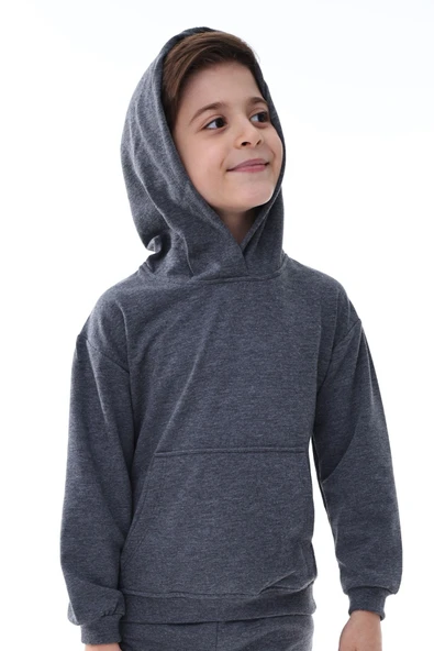 Basic Kapüşonlu Şardonlu Kanguru Cep Detaylı Çocuk Sweatshirt 3-10 Yaş Ekru - 2