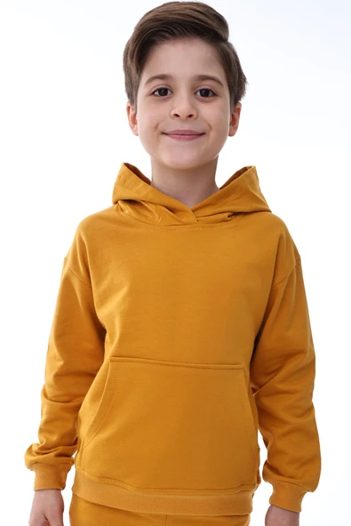 Basic Kapüşonlu Şardonlu Kanguru Cep Detaylı Çocuk Sweatshirt 3-10 Yaş Ekru - Resim 3