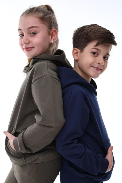 Basic Kapüşonlu Şardonlu Kanguru Cep Detaylı Çocuk Sweatshirt 3-10 Yaş Ekru - Resim 4