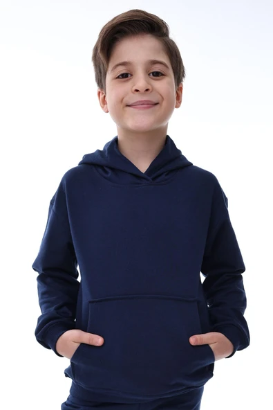Basic Kapüşonlu Şardonlu Kanguru Cep Detaylı Çocuk Sweatshirt 3-10 Yaş Lacivert - 2