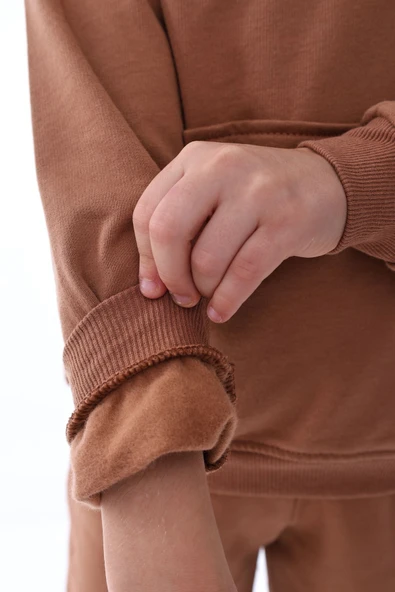 Basic Kapüşonlu Şardonlu Kanguru Cep Detaylı Çocuk Sweatshirt 3-10 Yaş Ekru - Resim 3