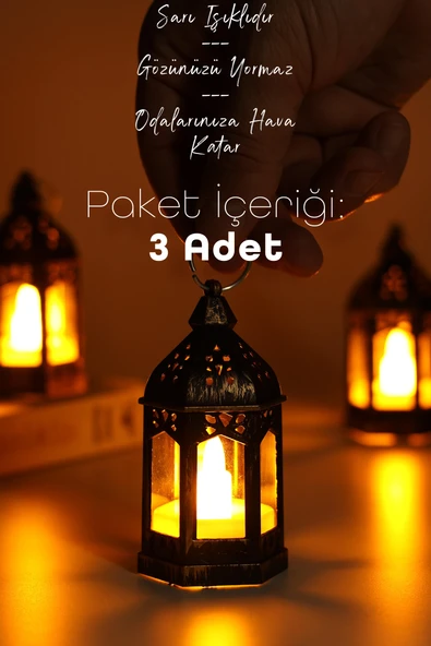 3 Adet Led Mum Retro Sokak Lambası Dumansız Pilli Alevli Dekoratif Yapay Mum Işıldak Gümüş 1036-5 - Resim 3