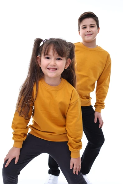 Basic Bisiklet Yaka Şardonlu Çocuk Sweatshirt 3-10 Yaş Krem - 1