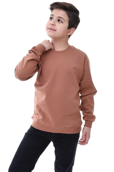 Basic Bisiklet Yaka Şardonlu Çocuk Sweatshirt 3-10 Yaş Krem - 1