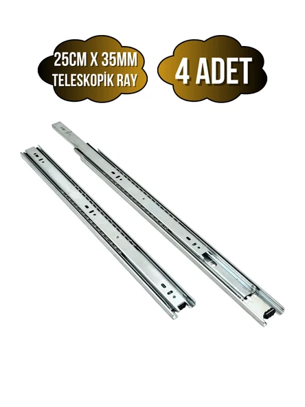 Teleskobik 35MM Çekmece Ray Bilyeli Mobilya Dolap Rayı(35MM)(TAKIM)(KROM) 25cm 25cm - 4 ADET - 1