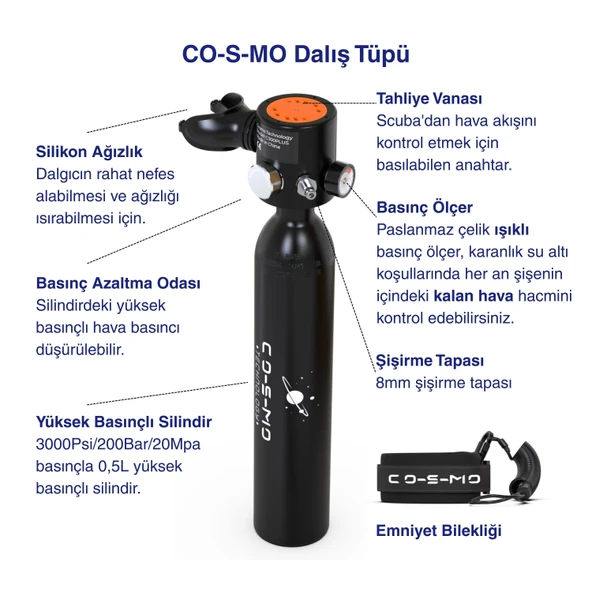 Cosmo Technology Taşınabilir Dalış Seti Doldurulabilir Mini Tüp ve Şnorkel Maskesi - 5