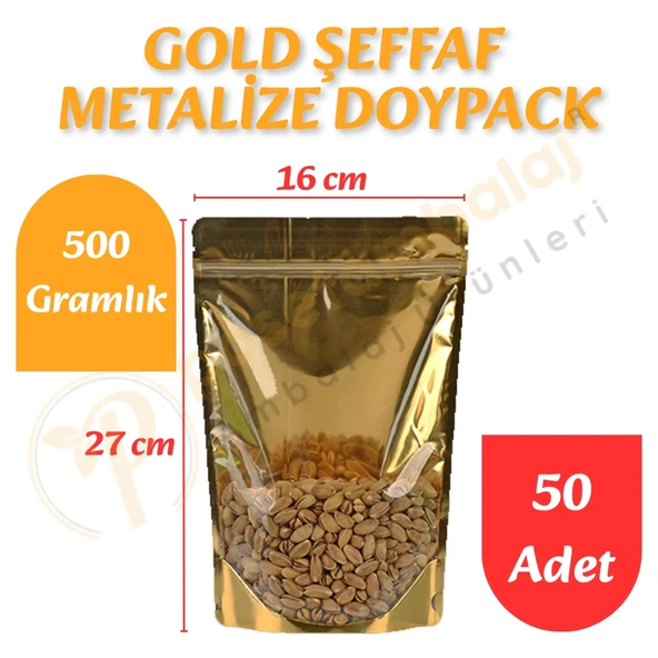 Gold Şeffaf Metalize Doypack 16x27x8 cm (50 Adet) ürün görseli 1
