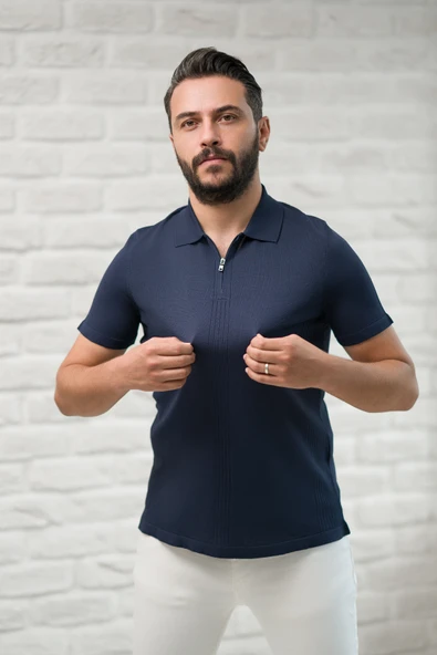 San&Fa Slimfit Fermuar Kapamalı Rayon Kumaş Likralı Polo Yaka T-shirt - Resim 7