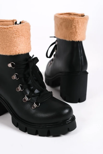 JET-EMMA Bağcıklı Fermuarlı Ortopedik Taban Topuklu Kürk DetaylıKadın Bot  CST - Siyah - Resim 5