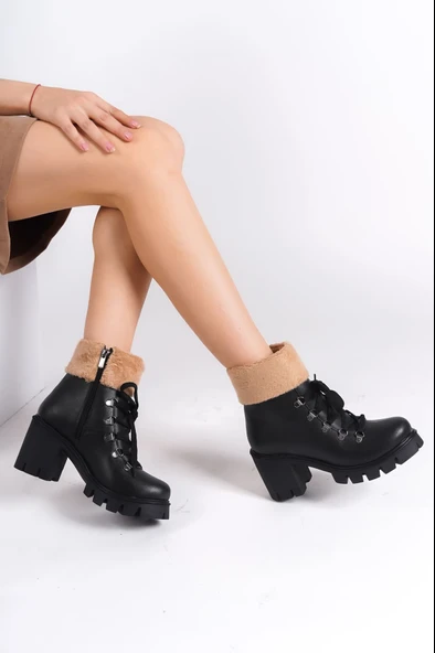 JET-EMMA Bağcıklı Fermuarlı Ortopedik Taban Topuklu Kürk DetaylıKadın Bot  CST - Siyah - Resim 2