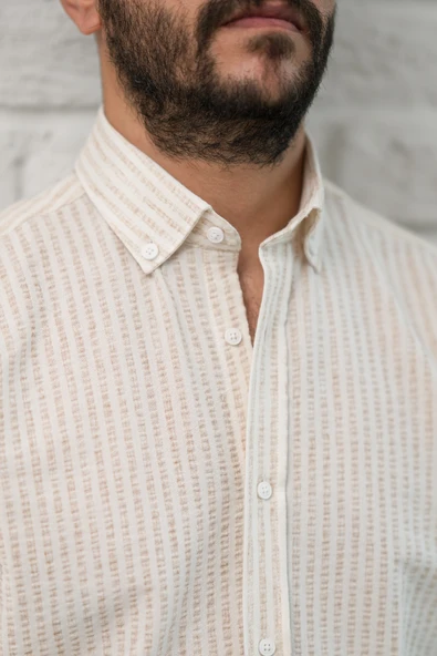 Slimfit Fit Yaka Düğmeli Çizgili Yazlık Gofre Kumaş Erkek Gömlek - Resim 6