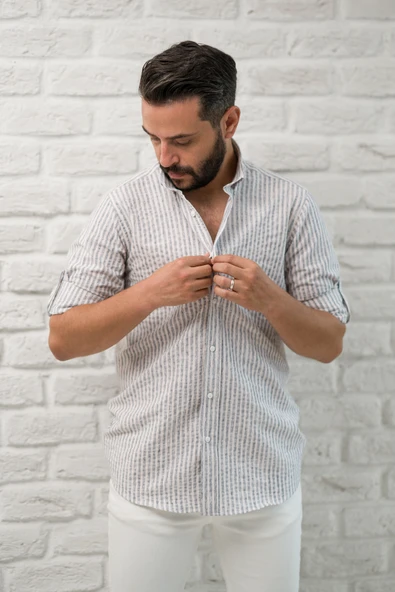 Slimfit Fit Yaka Düğmeli Çizgili Yazlık Gofre Kumaş Erkek Gömlek - Resim 7