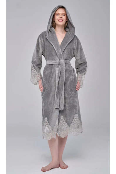 Dantelli Zarif Şık Bambu Pamuk Bornoz - Resim 2