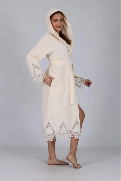 Dantelli Zarif Şık Bambu Pamuk Bornoz - Resim 9