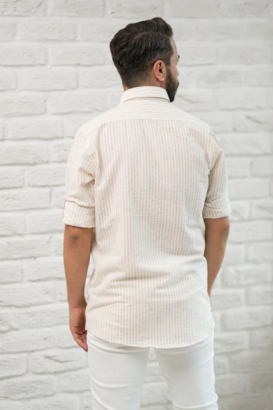 Slimfit Fit Yaka Düğmeli Çizgili Yazlık Gofre Kumaş Erkek Gömlek - Resim 5