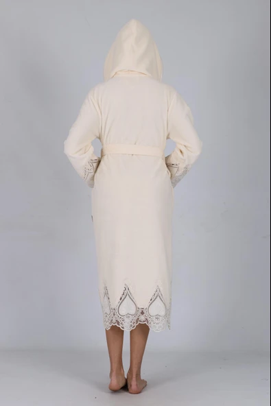 Dantelli Zarif Şık Bambu Pamuk Bornoz - Resim 10