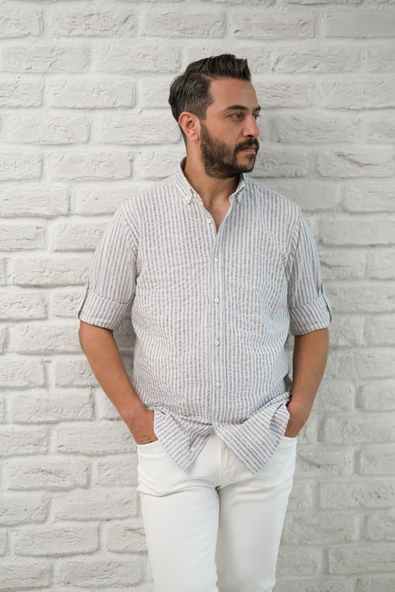Slimfit Fit Yaka Düğmeli Çizgili Yazlık Gofre Kumaş Erkek Gömlek - Resim 10