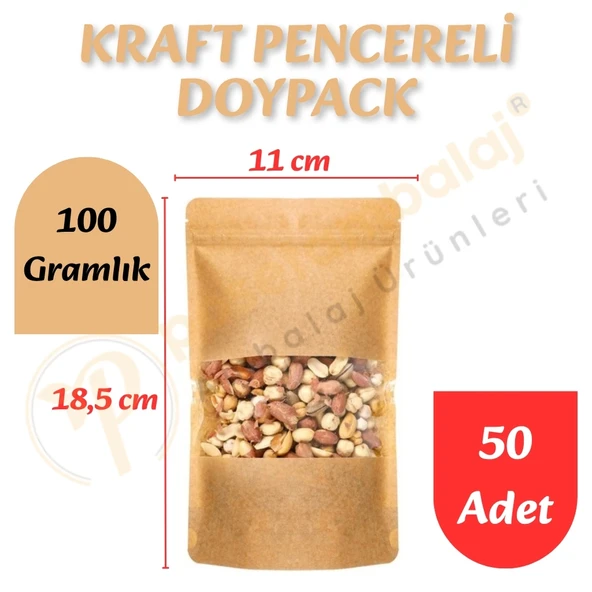 Kraft Pencereli Doypack 11x18,5x7 cm (50 Adet) ürün görseli 1