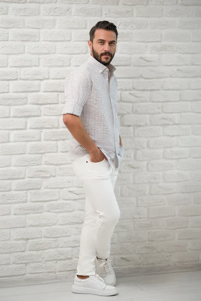 Slimfit Fit Yaka Düğmeli Çizgili Yazlık Gofre Kumaş Erkek Gömlek - Resim 8