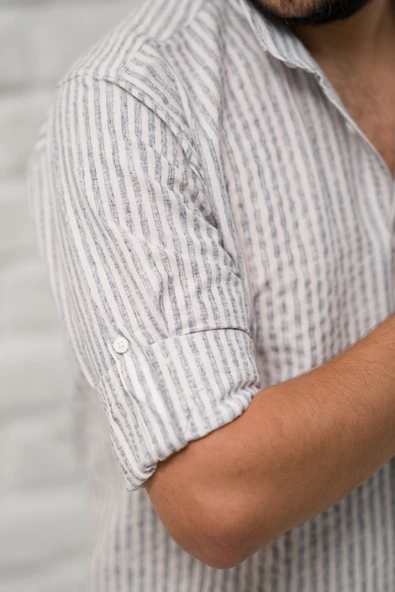 Slimfit Fit Yaka Düğmeli Çizgili Yazlık Gofre Kumaş Erkek Gömlek - Resim 9