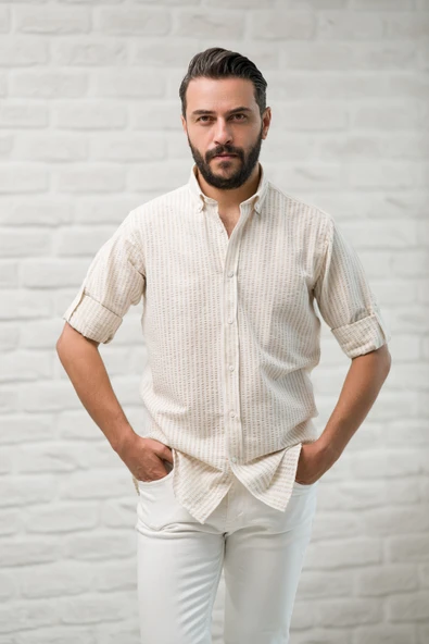 Slimfit Fit Yaka Düğmeli Çizgili Yazlık Gofre Kumaş Erkek Gömlek - Resim 3