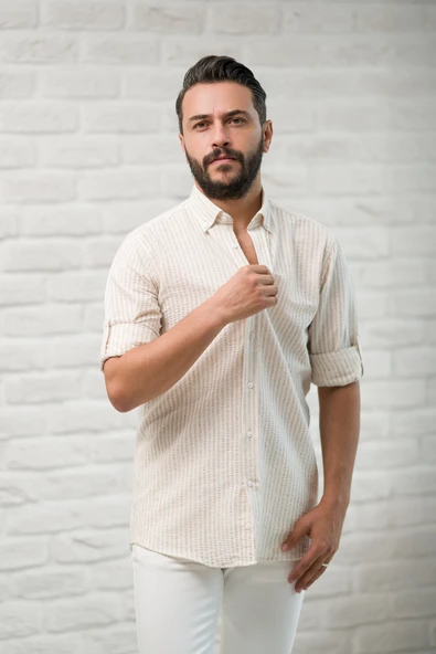 Slimfit Fit Yaka Düğmeli Çizgili Yazlık Gofre Kumaş Erkek Gömlek - Resim 4