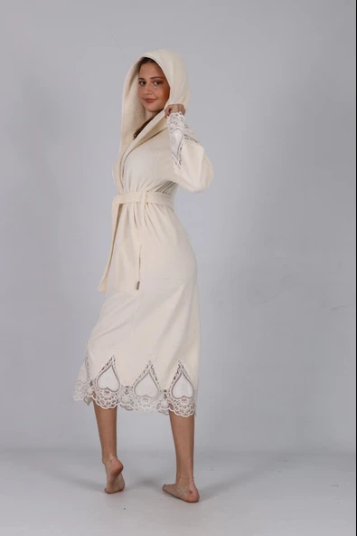 Dantelli Zarif Şık Bambu Pamuk Bornoz - Resim 11