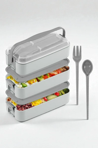 İronika 1260 ml 3 Katlı Kapaklı Çatal Bıçaklı Beslenme Kutusu Lunch Box Beslenme Kabı - Gri - 1